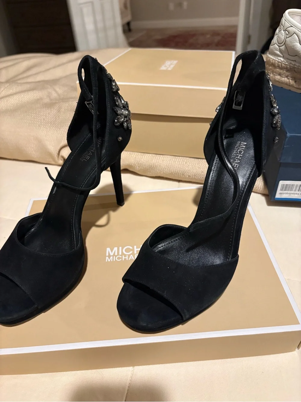 Michael Kors Black Suede Open-Toe Crystal Heel Sandals